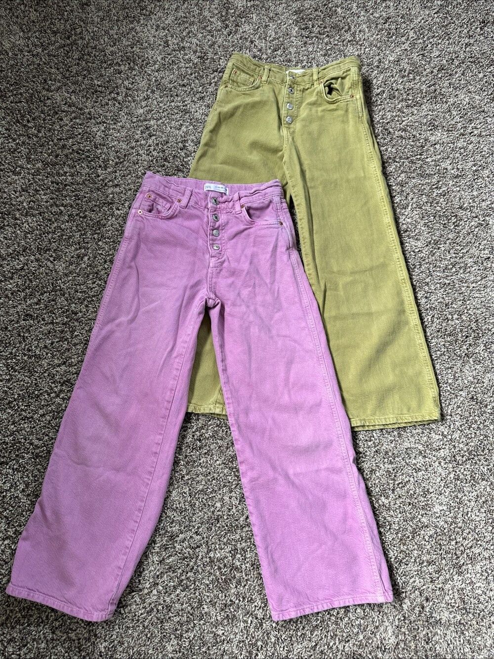 Zara Girls Size 11/12 Years 152 Cm Pink Olive Green Wide Let Jeans 2 Pairs
